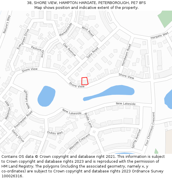 38, SHORE VIEW, HAMPTON HARGATE, PETERBOROUGH, PE7 8FS: Location map and indicative extent of plot