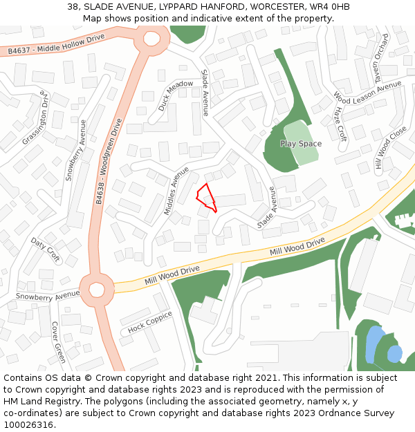 38, SLADE AVENUE, LYPPARD HANFORD, WORCESTER, WR4 0HB: Location map and indicative extent of plot