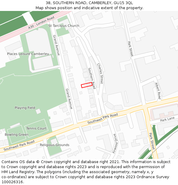 38, SOUTHERN ROAD, CAMBERLEY, GU15 3QL: Location map and indicative extent of plot