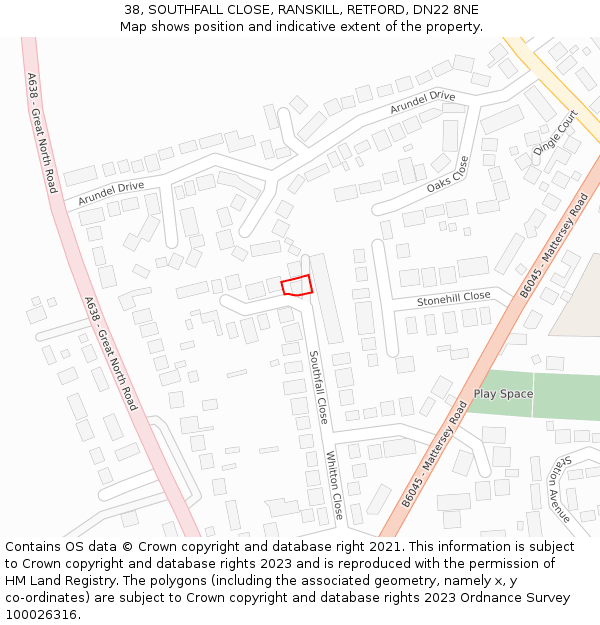 38, SOUTHFALL CLOSE, RANSKILL, RETFORD, DN22 8NE: Location map and indicative extent of plot