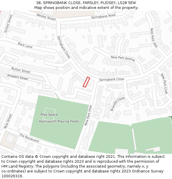 38, SPRINGBANK CLOSE, FARSLEY, PUDSEY, LS28 5EW: Location map and indicative extent of plot