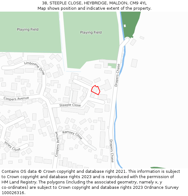 38, STEEPLE CLOSE, HEYBRIDGE, MALDON, CM9 4YL: Location map and indicative extent of plot
