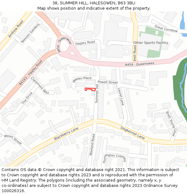 38, SUMMER HILL, HALESOWEN, B63 3BU: Location map and indicative extent of plot