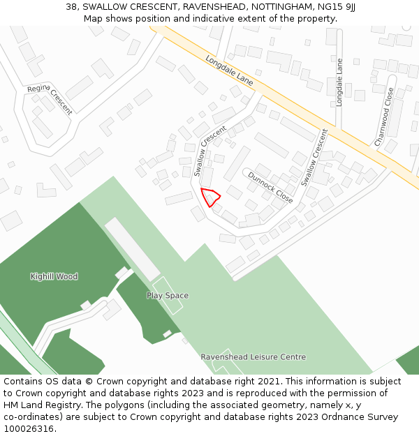38, SWALLOW CRESCENT, RAVENSHEAD, NOTTINGHAM, NG15 9JJ: Location map and indicative extent of plot