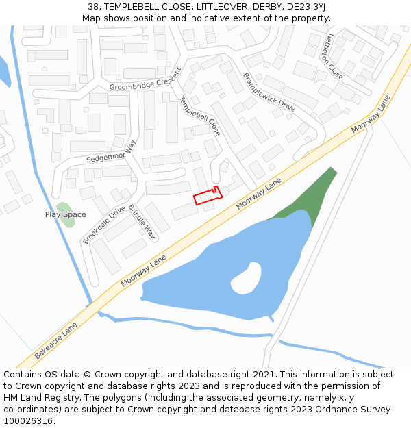 38, TEMPLEBELL CLOSE, LITTLEOVER, DERBY, DE23 3YJ: Location map and indicative extent of plot