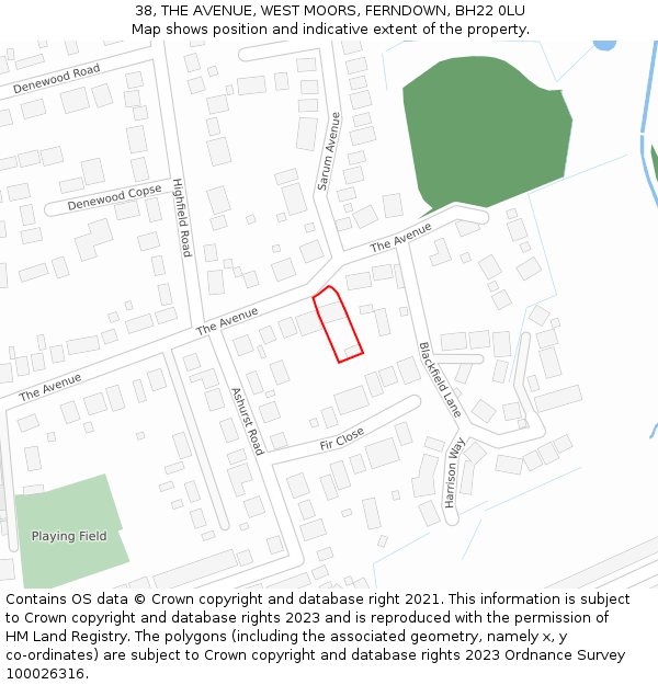 38, THE AVENUE, WEST MOORS, FERNDOWN, BH22 0LU: Location map and indicative extent of plot