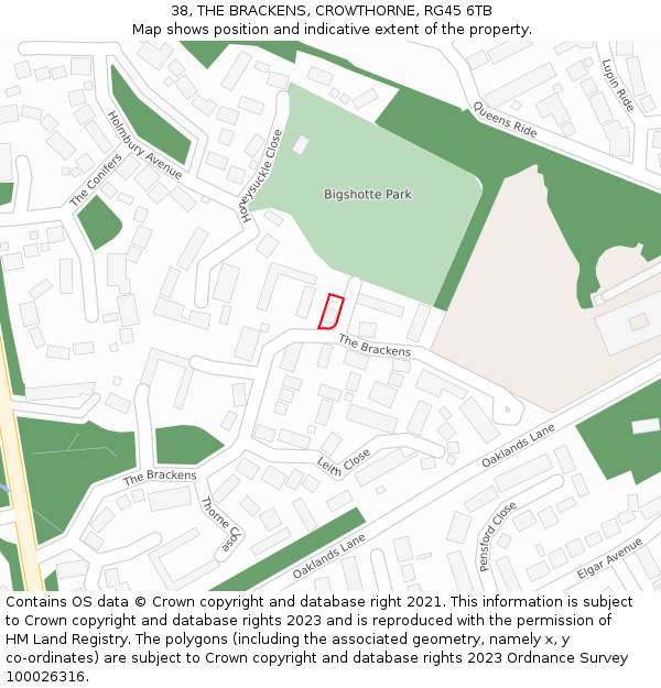 38, THE BRACKENS, CROWTHORNE, RG45 6TB: Location map and indicative extent of plot