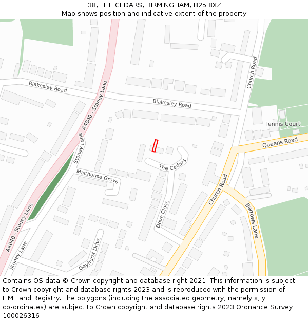 38, THE CEDARS, BIRMINGHAM, B25 8XZ: Location map and indicative extent of plot