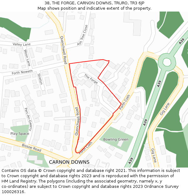 38, THE FORGE, CARNON DOWNS, TRURO, TR3 6JP: Location map and indicative extent of plot