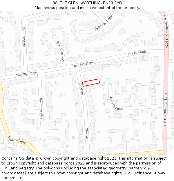 38, THE GLEN, WORTHING, BN13 2AB: Location map and indicative extent of plot