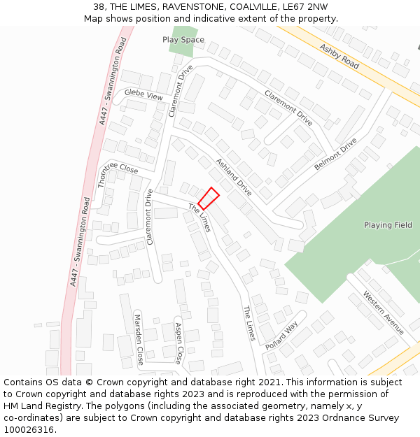 38, THE LIMES, RAVENSTONE, COALVILLE, LE67 2NW: Location map and indicative extent of plot