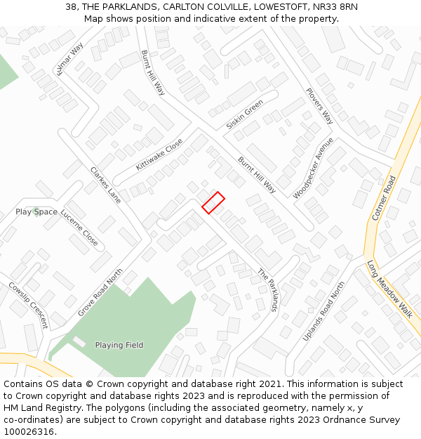 38, THE PARKLANDS, CARLTON COLVILLE, LOWESTOFT, NR33 8RN: Location map and indicative extent of plot