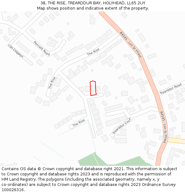 38, THE RISE, TREARDDUR BAY, HOLYHEAD, LL65 2UY: Location map and indicative extent of plot