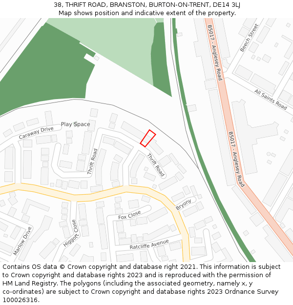 38, THRIFT ROAD, BRANSTON, BURTON-ON-TRENT, DE14 3LJ: Location map and indicative extent of plot