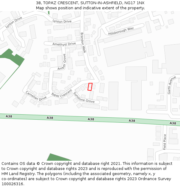 38, TOPAZ CRESCENT, SUTTON-IN-ASHFIELD, NG17 1NX: Location map and indicative extent of plot
