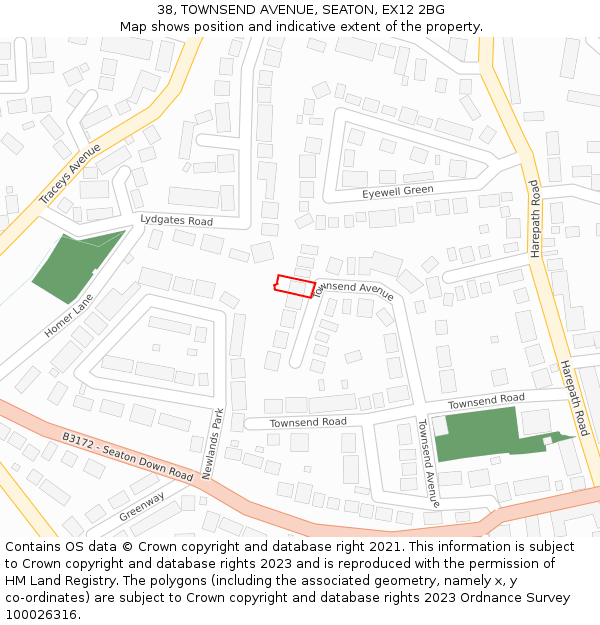 38, TOWNSEND AVENUE, SEATON, EX12 2BG: Location map and indicative extent of plot