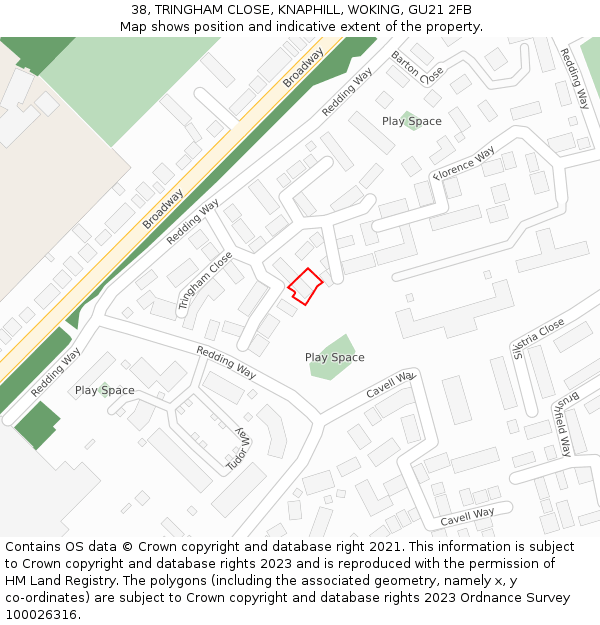 38, TRINGHAM CLOSE, KNAPHILL, WOKING, GU21 2FB: Location map and indicative extent of plot