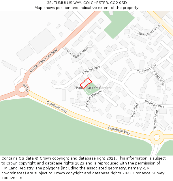 38, TUMULUS WAY, COLCHESTER, CO2 9SD: Location map and indicative extent of plot