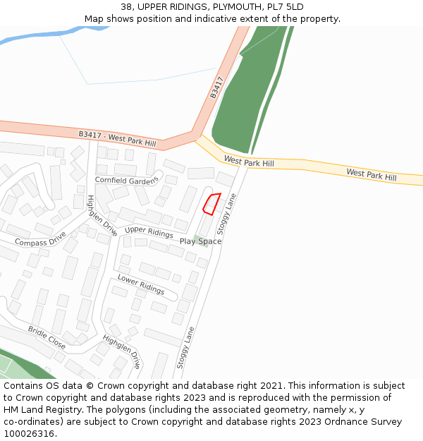 38, UPPER RIDINGS, PLYMOUTH, PL7 5LD: Location map and indicative extent of plot