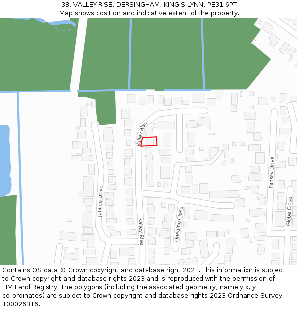 38, VALLEY RISE, DERSINGHAM, KING'S LYNN, PE31 6PT: Location map and indicative extent of plot