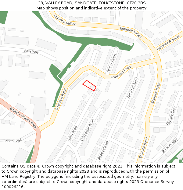 38, VALLEY ROAD, SANDGATE, FOLKESTONE, CT20 3BS: Location map and indicative extent of plot