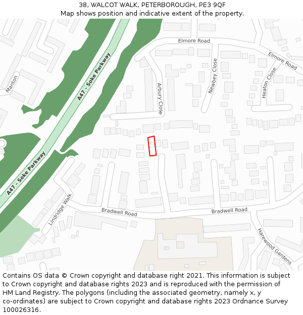 38, WALCOT WALK, PETERBOROUGH, PE3 9QF: Location map and indicative extent of plot