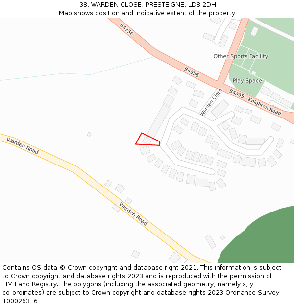 38, WARDEN CLOSE, PRESTEIGNE, LD8 2DH: Location map and indicative extent of plot