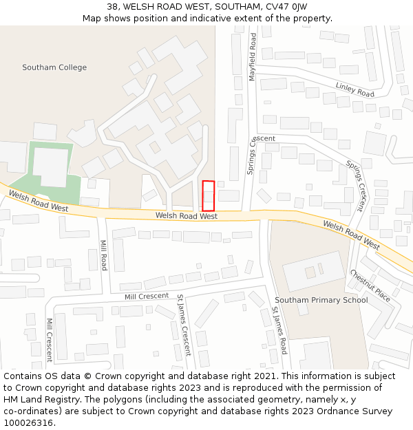 38, WELSH ROAD WEST, SOUTHAM, CV47 0JW: Location map and indicative extent of plot