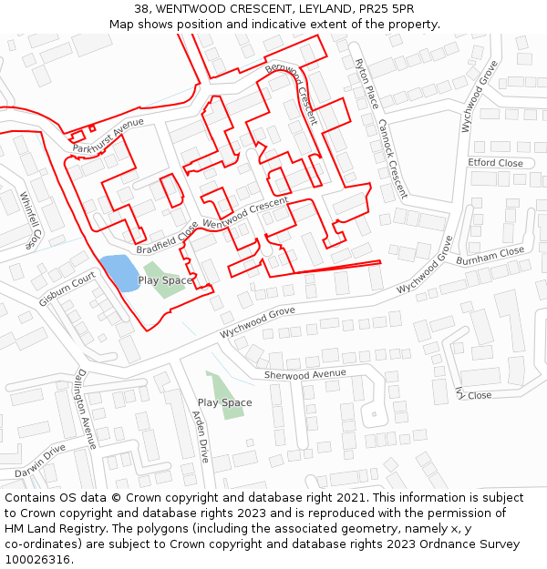 38, WENTWOOD CRESCENT, LEYLAND, PR25 5PR: Location map and indicative extent of plot