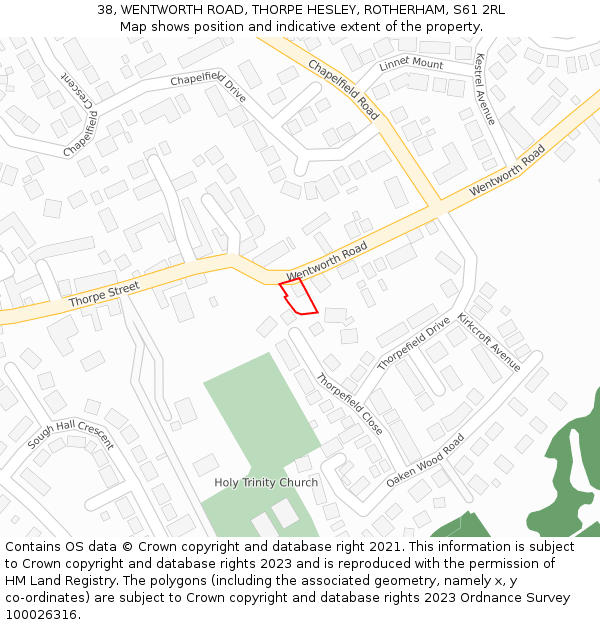 38, WENTWORTH ROAD, THORPE HESLEY, ROTHERHAM, S61 2RL: Location map and indicative extent of plot