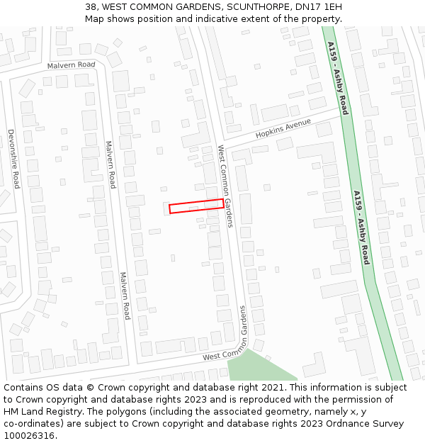 38, WEST COMMON GARDENS, SCUNTHORPE, DN17 1EH: Location map and indicative extent of plot