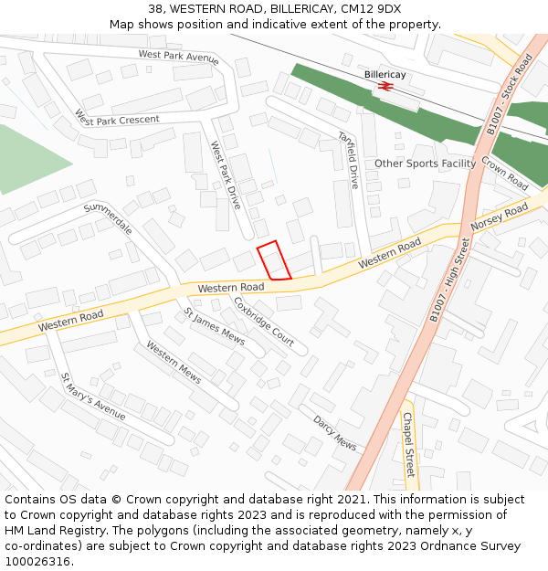 38, WESTERN ROAD, BILLERICAY, CM12 9DX: Location map and indicative extent of plot