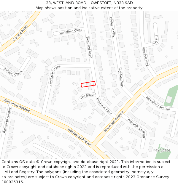 38, WESTLAND ROAD, LOWESTOFT, NR33 9AD: Location map and indicative extent of plot