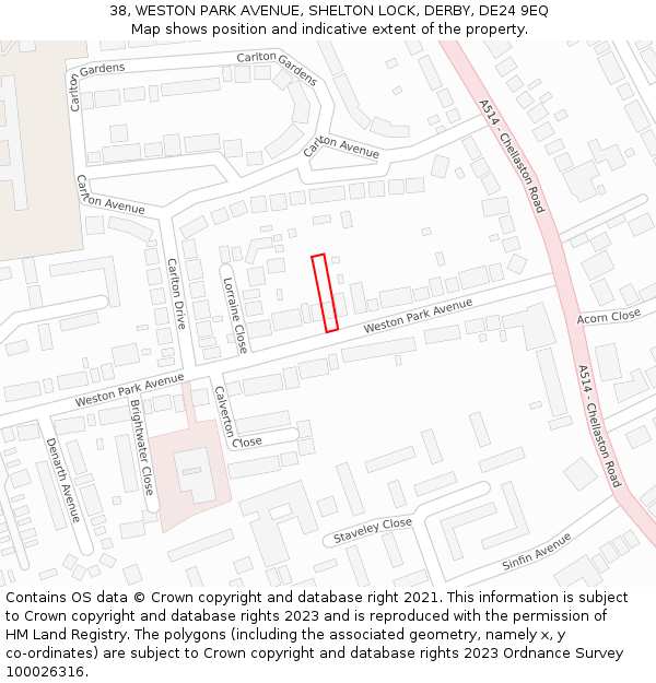 38, WESTON PARK AVENUE, SHELTON LOCK, DERBY, DE24 9EQ: Location map and indicative extent of plot