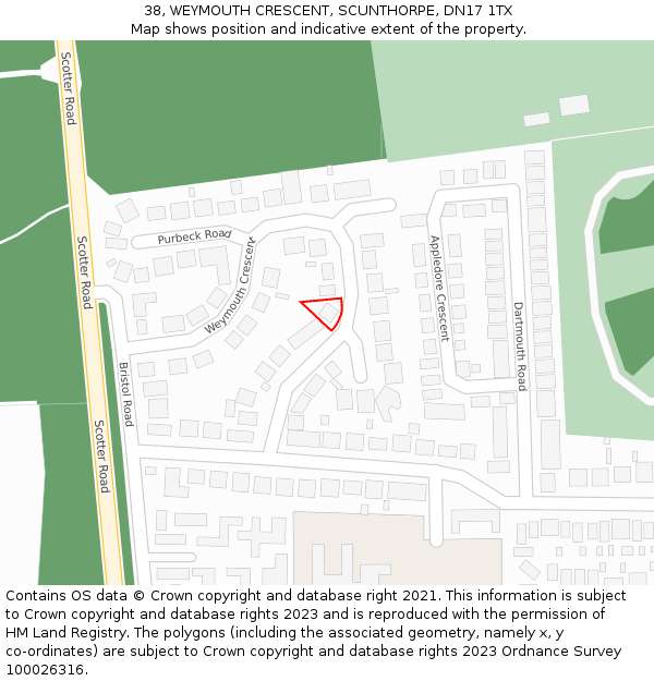 38, WEYMOUTH CRESCENT, SCUNTHORPE, DN17 1TX: Location map and indicative extent of plot