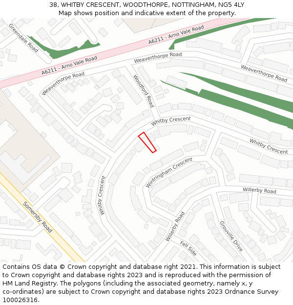38, WHITBY CRESCENT, WOODTHORPE, NOTTINGHAM, NG5 4LY: Location map and indicative extent of plot
