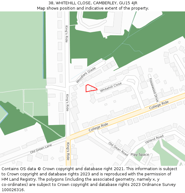 38, WHITEHILL CLOSE, CAMBERLEY, GU15 4JR: Location map and indicative extent of plot