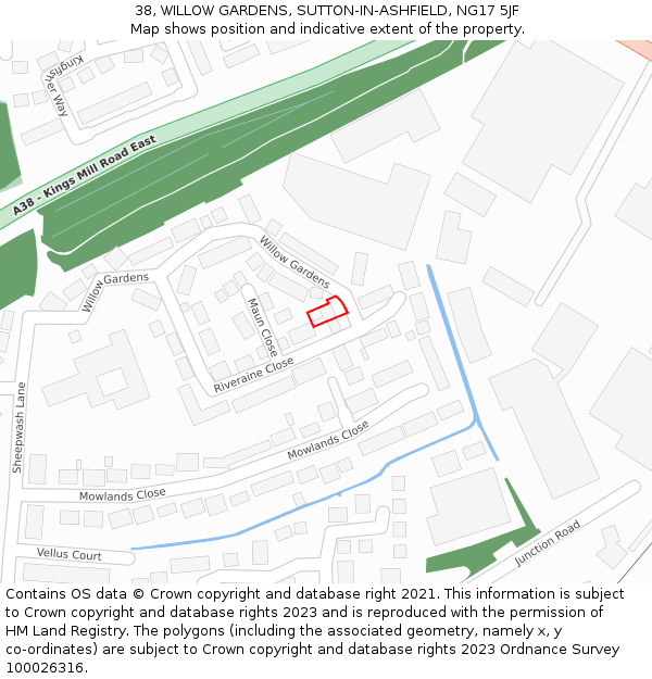 38, WILLOW GARDENS, SUTTON-IN-ASHFIELD, NG17 5JF: Location map and indicative extent of plot