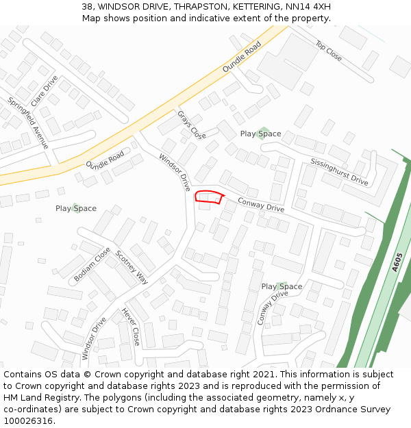 38, WINDSOR DRIVE, THRAPSTON, KETTERING, NN14 4XH: Location map and indicative extent of plot