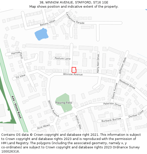 38, WINNOW AVENUE, STAFFORD, ST16 1GE: Location map and indicative extent of plot