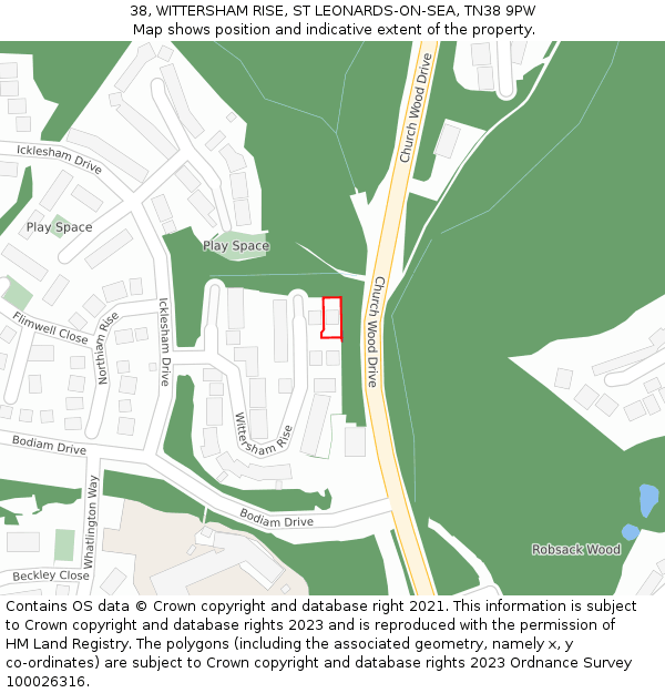 38, WITTERSHAM RISE, ST LEONARDS-ON-SEA, TN38 9PW: Location map and indicative extent of plot