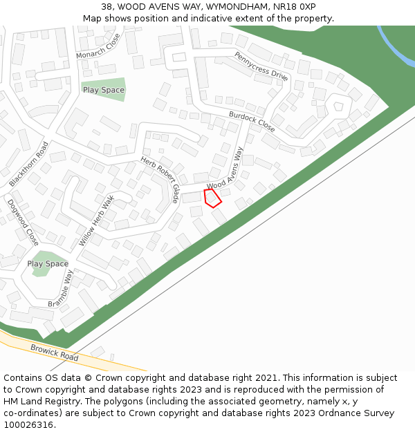 38, WOOD AVENS WAY, WYMONDHAM, NR18 0XP: Location map and indicative extent of plot