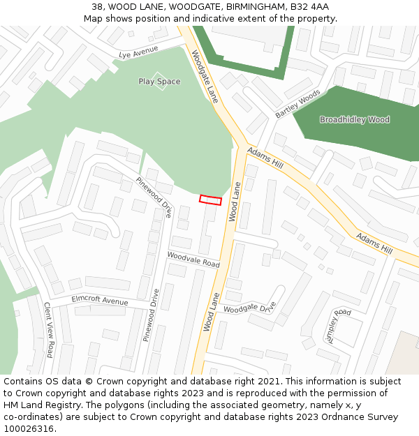 38, WOOD LANE, WOODGATE, BIRMINGHAM, B32 4AA: Location map and indicative extent of plot