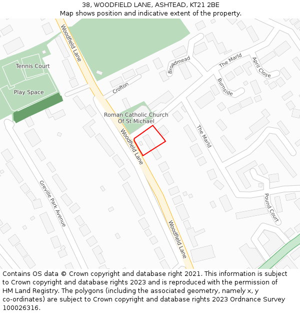 38, WOODFIELD LANE, ASHTEAD, KT21 2BE: Location map and indicative extent of plot