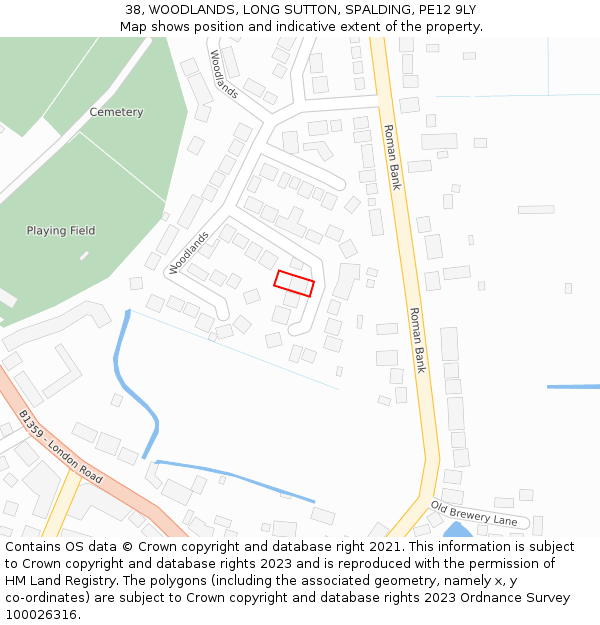 38, WOODLANDS, LONG SUTTON, SPALDING, PE12 9LY: Location map and indicative extent of plot