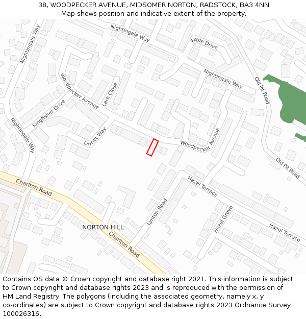 38, WOODPECKER AVENUE, MIDSOMER NORTON, RADSTOCK, BA3 4NN: Location map and indicative extent of plot
