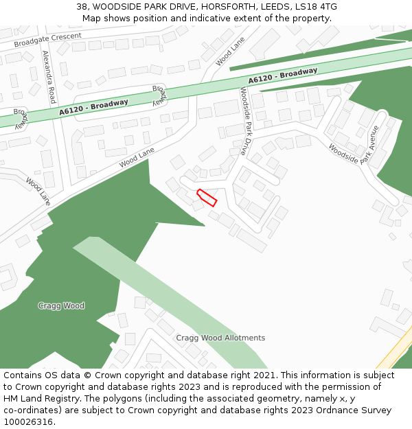 38, WOODSIDE PARK DRIVE, HORSFORTH, LEEDS, LS18 4TG: Location map and indicative extent of plot