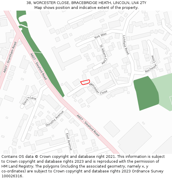 38, WORCESTER CLOSE, BRACEBRIDGE HEATH, LINCOLN, LN4 2TY: Location map and indicative extent of plot