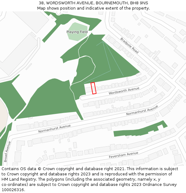 38, WORDSWORTH AVENUE, BOURNEMOUTH, BH8 9NS: Location map and indicative extent of plot