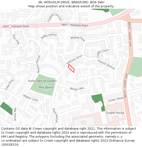 38, YATEHOLM DRIVE, BRADFORD, BD6 3WH: Location map and indicative extent of plot
